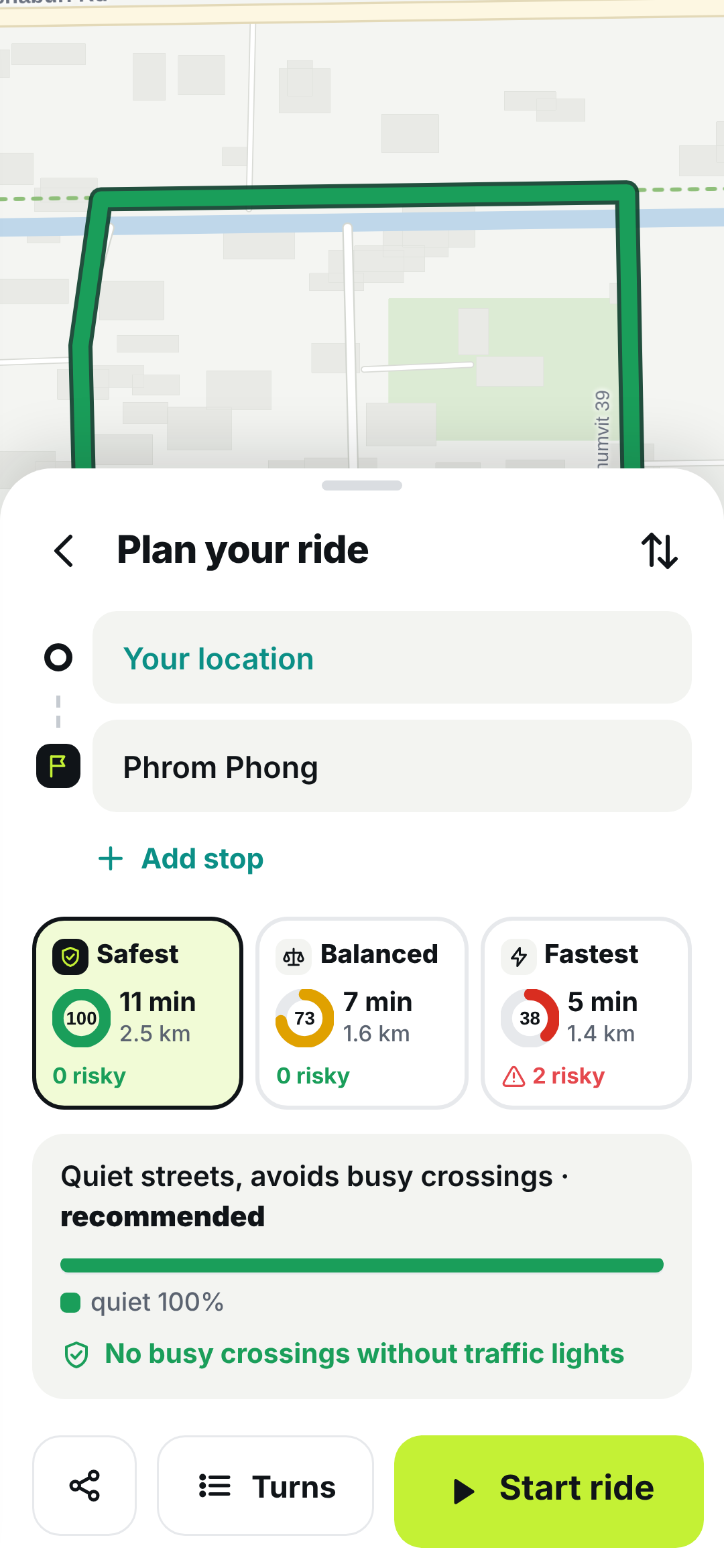 Route detail with its risky spots