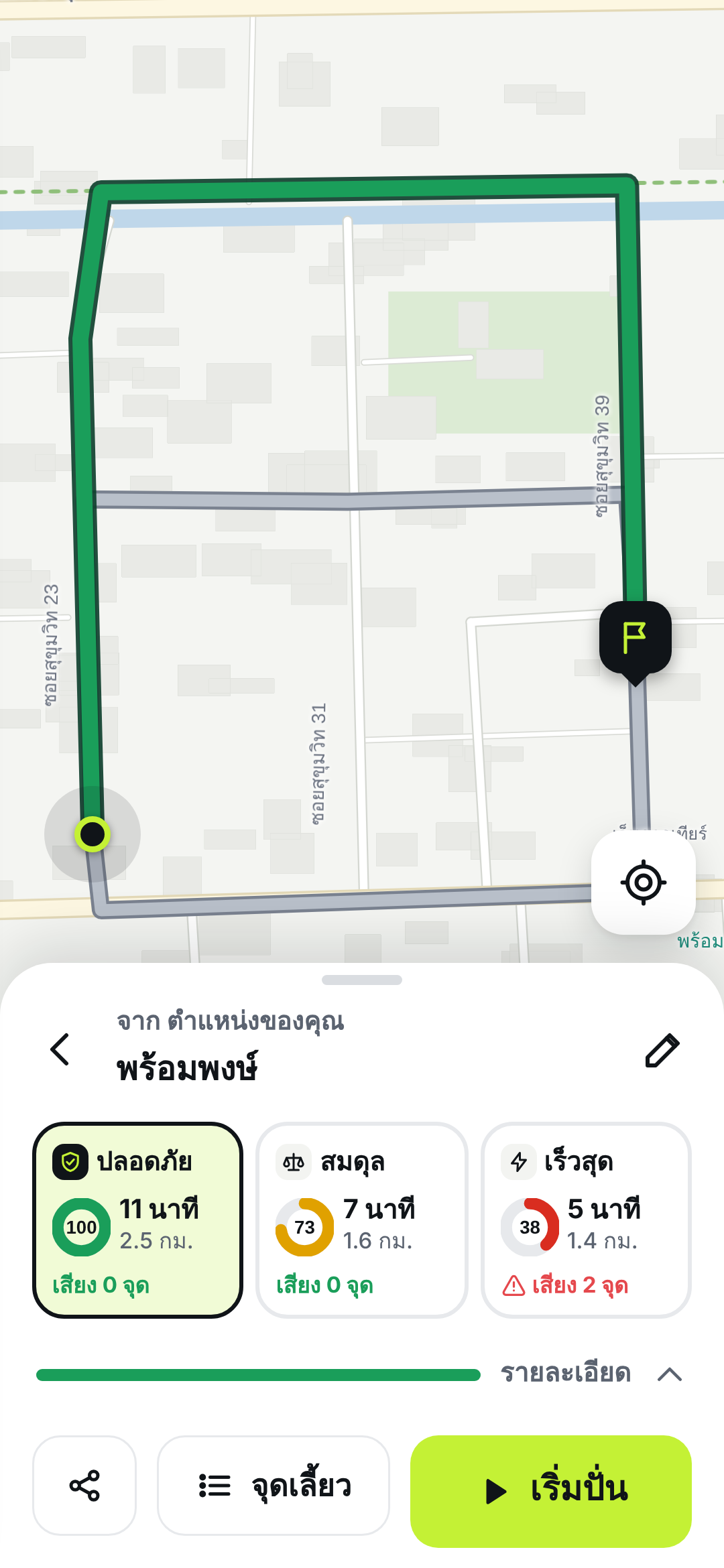 หน้าวางแผนเส้นทาง Velomo แสดงเส้นทางปลอดภัยที่สุด สมดุล และเร็วที่สุด พร้อมคะแนนความปลอดภัย